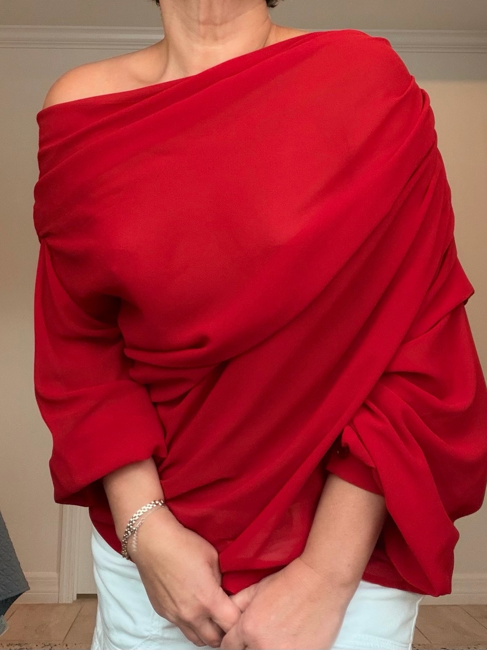 Commense Red Off-Shoulder Draped Blouse - Picture 2 of 9